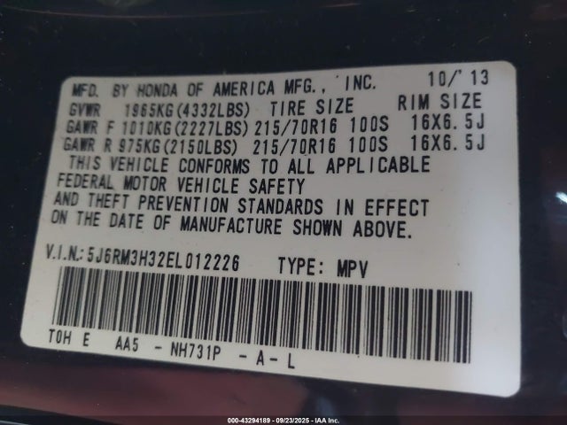Honda k24z7 2014 5J6RM3H32EL012226 Image 9