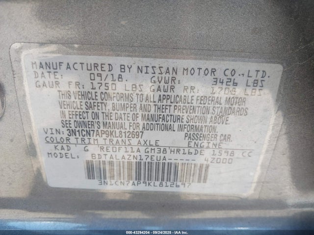 Nissan Versa 1.6 S+ 2019 3N1CN7AP9KL812697 Image 9