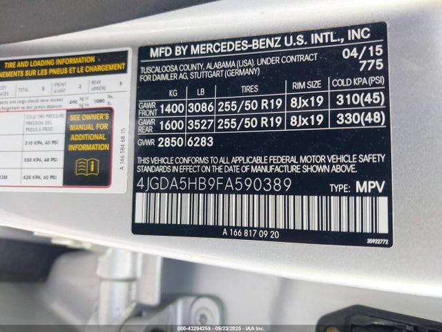 Mercedes-Benz Ml-Class 2015 4JGDA5HB9FA590389 Image 9