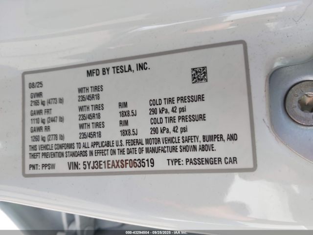 2025 TESLA MODEL 3 5YJ3E1EAXSF063519 Photo 8