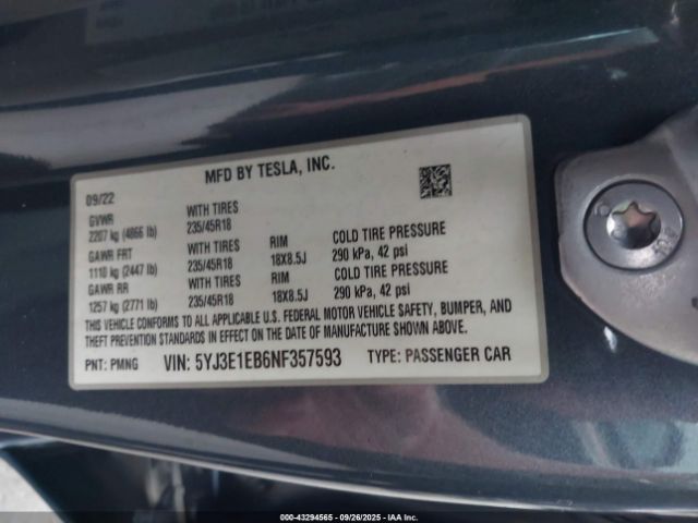 2022 TESLA MODEL 3 5YJ3E1EB6NF357593 Photo 8