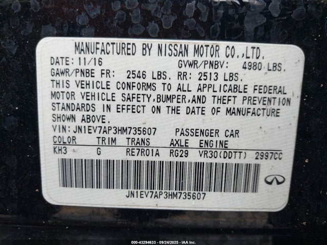 Продаж на аукціоні авто 2017 Infiniti Q50 3.0t Premium, vin: JN1EV7AP3HM735607, номер лоту: 43294633