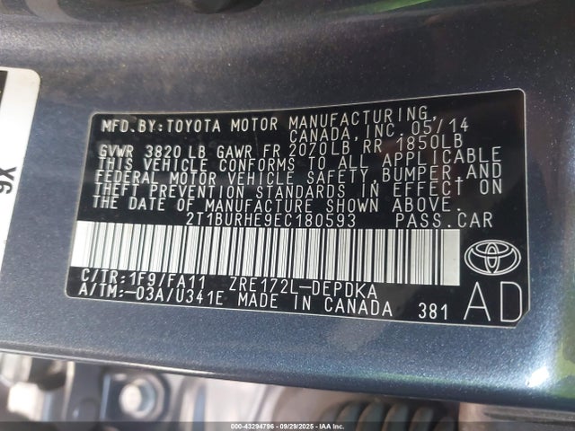 Toyota 2zr-fe 2014 2T1BURHE9EC180593 Image 9