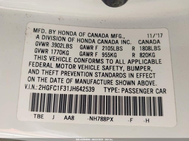 2HGFC1F31JH642539 Honda Civic Ex-t