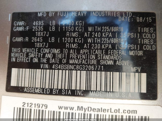 Subaru Outback 2.5i Limited 2016 4S4BSBNC8G3206771 Image 9