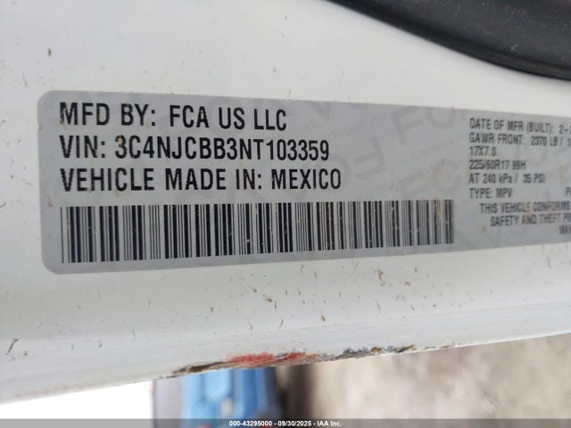2022 Jeep Compass Latitude Fwd მანქანა იყიდება აუქციონზე, vin: 3C4NJCBB3NT103359, აუქციონის ნომერი: 43295000