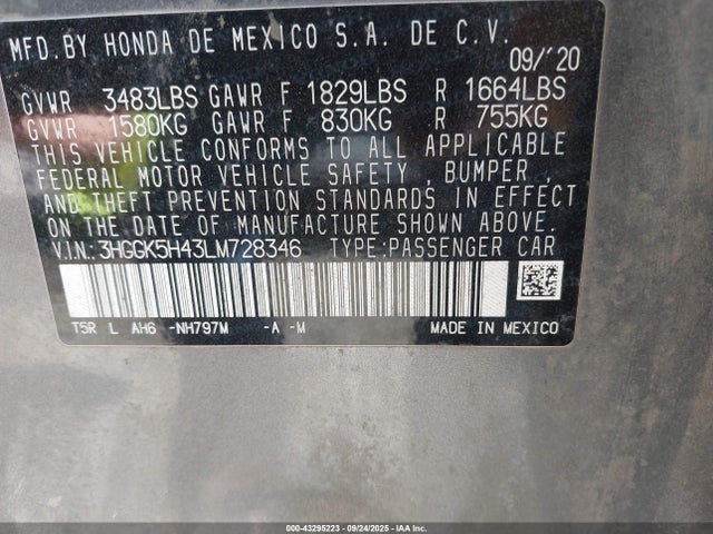 3HGGK5H43LM728346 Honda FIT LX