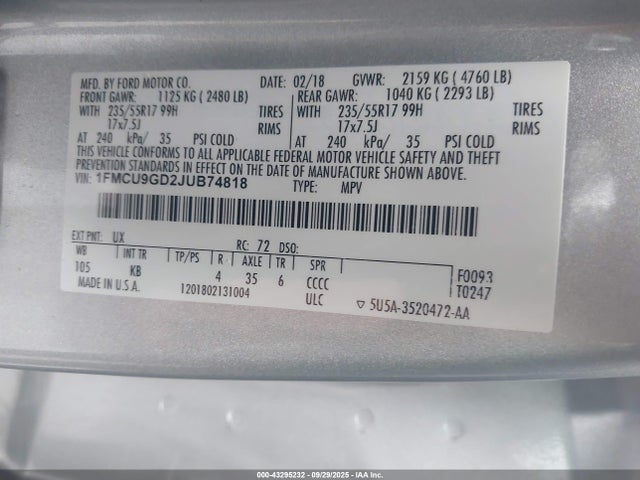 1FMCU9GD2JUB74818 Ford 1.5l gtdi sigma w/premium fuel
