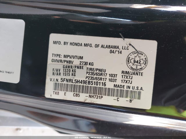 5FNRL5H49EB510116 Honda j35z8