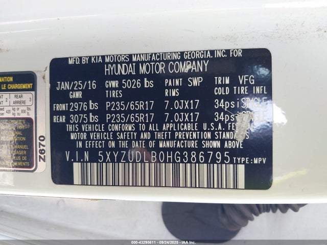 5XYZUDLB0HG386795 Hyundai gdi theta ii