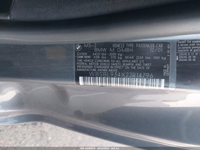 Aukcja sprzedaży 2002 Bmw M3, vin: WBSBL934X2JR14796, numer aukcji: 43295674