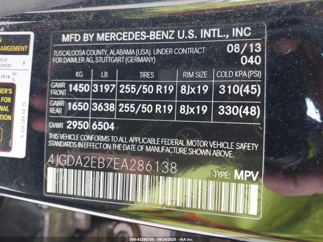 43295700 :رقم المزاد ، 4JGDA2EB7EA286138 vin ، 2014 Mercedes-benz Ml 350 Bluetec 4matic مزاد بيع