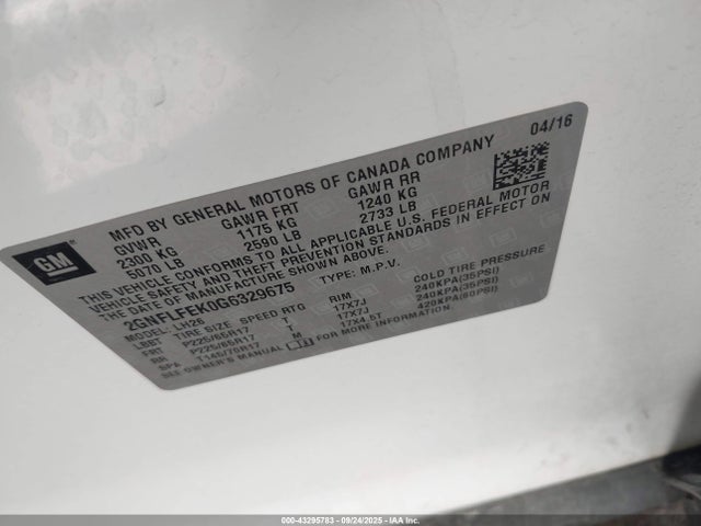 Продажа на аукционе авто 2016 Chevrolet Equinox Lt, vin: 2GNFLFEK0G6329675, номер лота: 43295783