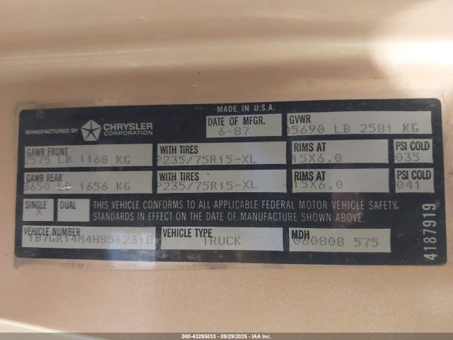 1987 DODGE DAKOTA 1B7GR14M4HS512318 Photo 8