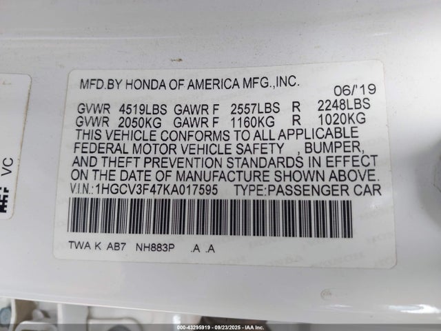 1HGCV3F47KA017595 Honda Accord Hybrid Ex