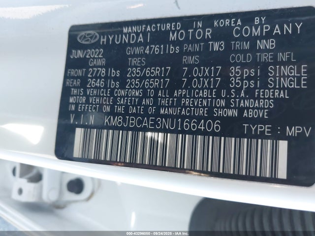 Hyundai gdi theta iii 2022 KM8JBCAE3NU166406 Image 9