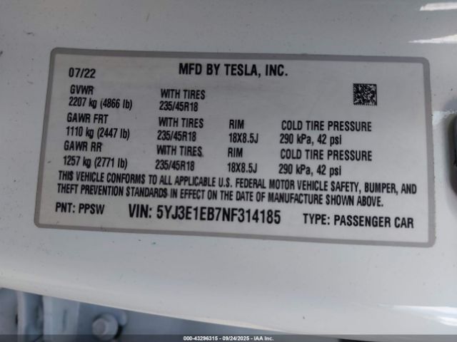 2022 TESLA MODEL 3 5YJ3E1EB7NF314185 Photo 8