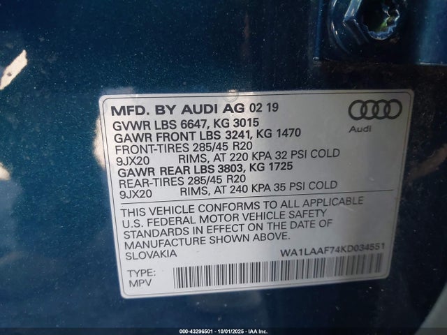 43296501 :رقم المزاد ، WA1LAAF74KD034551 vin ، 2019 Audi Q7 مزاد بيع