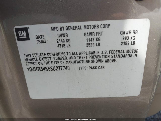 43296596 :رقم المزاد ، 1G4HR54K53U277740 vin ، 2003 Buick Lesabre Limited مزاد بيع