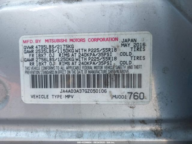 2016 MITSUBISHI OUTLANDER JA4AD3A37GZ050106 Photo 8