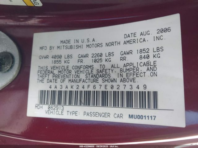 2007 MITSUBISHI ECLIPSE 4A3AK24F67E027349 Photo 8