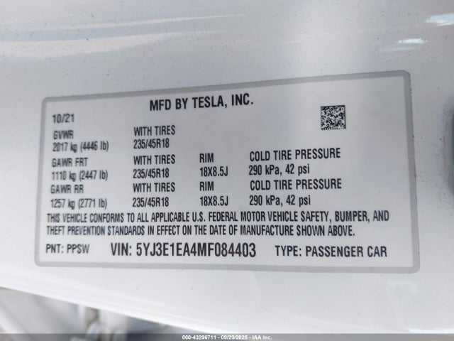 2021 TESLA MODEL 3 5YJ3E1EA4MF084403 Photo 8