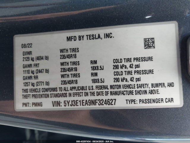 2022 TESLA MODEL 3 5YJ3E1EA9NF324627 Photo 8