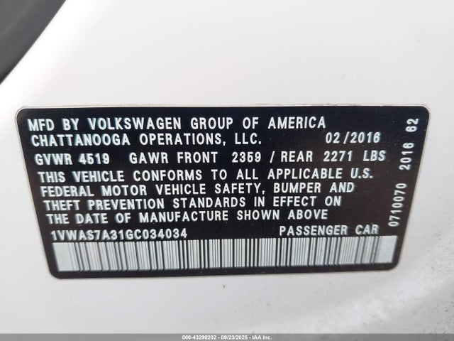 Auction sale of the 2016 Volkswagen Passat 1.8t S, vin: 1VWAS7A31GC034034, lot number: 43298202