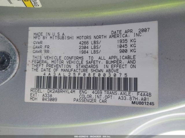 2008 MITSUBISHI ECLIPSE SPYDER 4A3AL25F08E003075 Photo 8