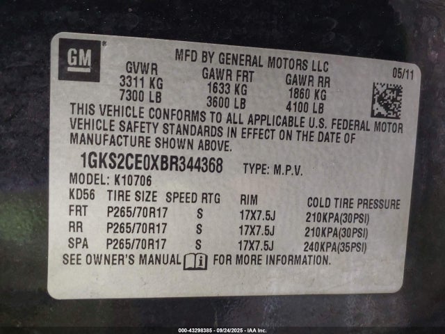 Продажа на аукционе авто 2011 Gmc Yukon Slt, vin: 1GKS2CE0XBR344368, номер лота: 43298385