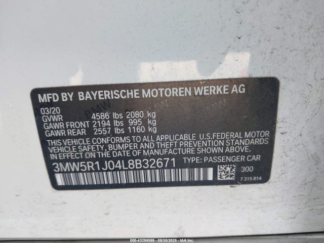 2020 Bmw 330i მანქანა იყიდება აუქციონზე, vin: 3MW5R1J04L8B32671, აუქციონის ნომერი: 43298599