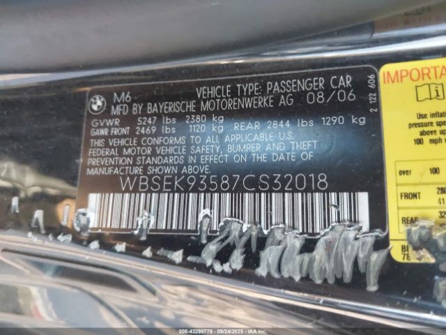 2007 BMW M6 WBSEK93587CS32018 Photo 8