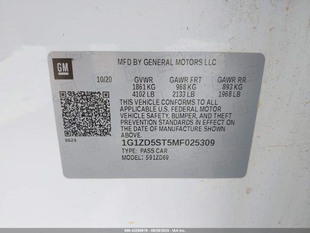 Chevrolet lfv - direct injection, variable valve timing, gen 1 gmna 2021 1G1ZD5ST5MF025309 Image 9