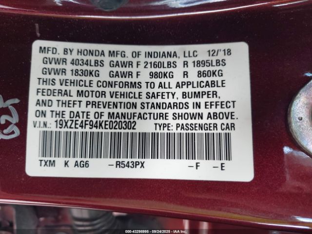 2019 HONDA INSIGHT 19XZE4F94KE020302 Photo 8