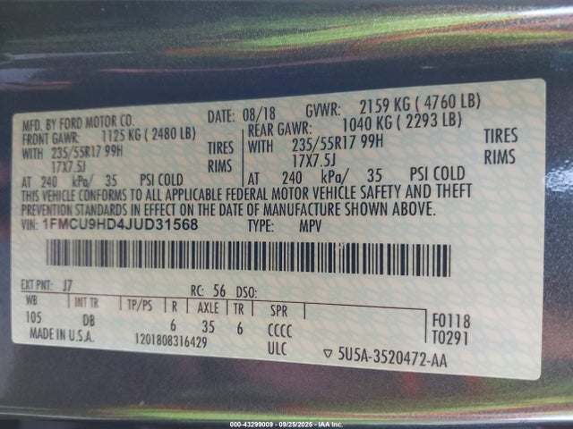 1FMCU9HD4JUD31568 Ford 1.5l gtdi sigma w/premium fuel