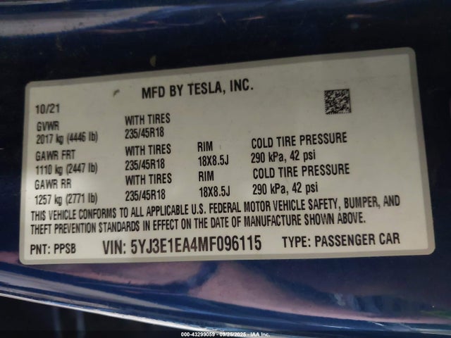 2021 TESLA MODEL 3 5YJ3E1EA4MF096115 Photo 8