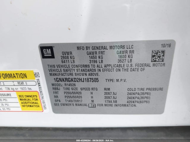 1GNKRGKD2HJ187505 Chevrolet Traverse 1lt