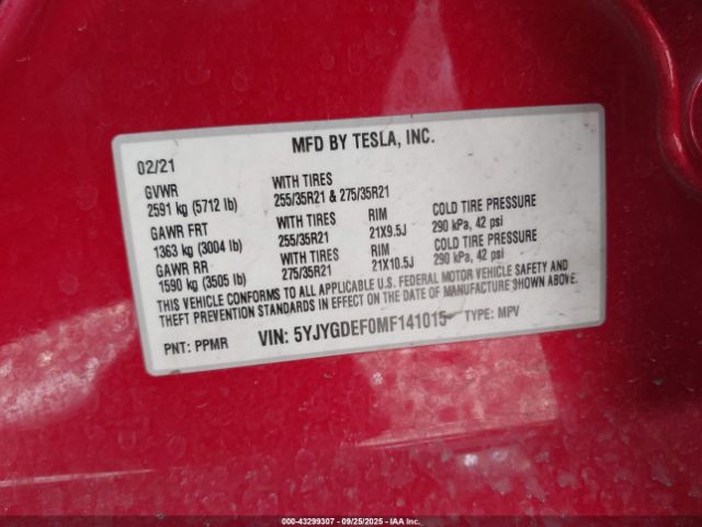 2021 TESLA MODEL Y 5YJYGDEF0MF141015 Photo 8