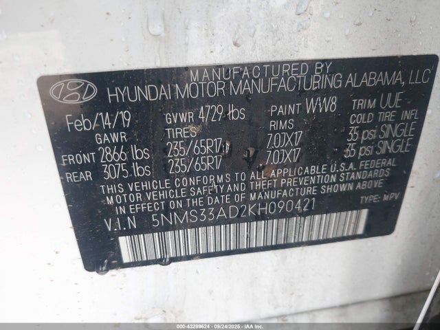 Продажа на аукционе авто 2019 Hyundai Santa Fe Sel, vin: 5NMS33AD2KH090421, номер лота: 43299624