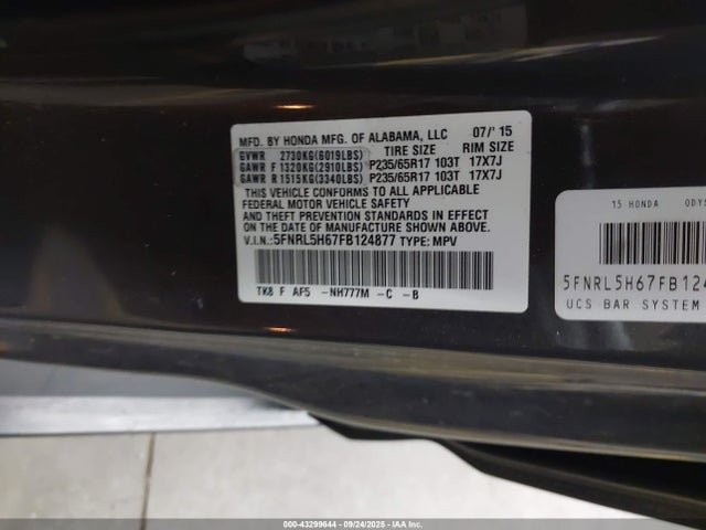 Honda j35z8 2015 5FNRL5H67FB124877 Image 9