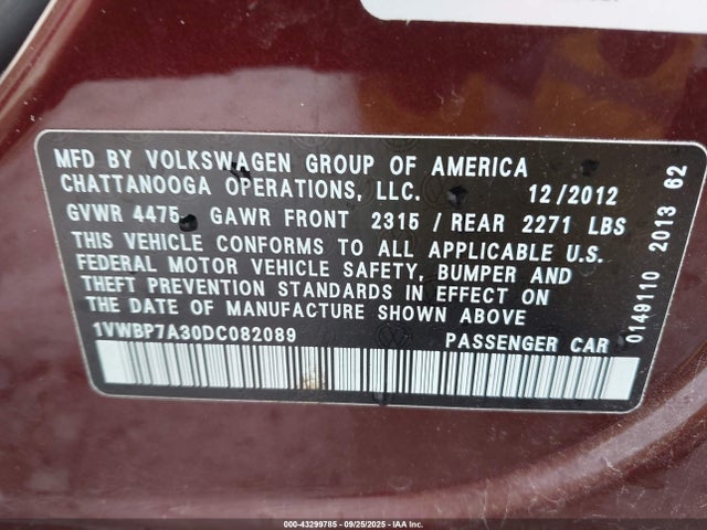 43299785 :رقم المزاد ، 1VWBP7A30DC082089 vin ، 2013 Volkswagen Passat 2.5l Se مزاد بيع