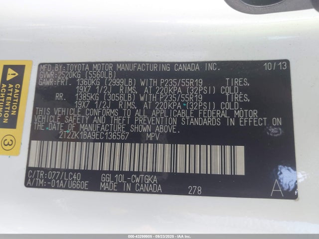 Lexus 2gr-fe 2014 2T2ZK1BA9EC136567 Image 9
