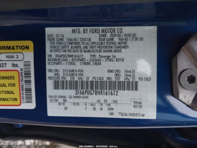 Ford Fusion 2017 3FA6P0G78HR161612 Image 9