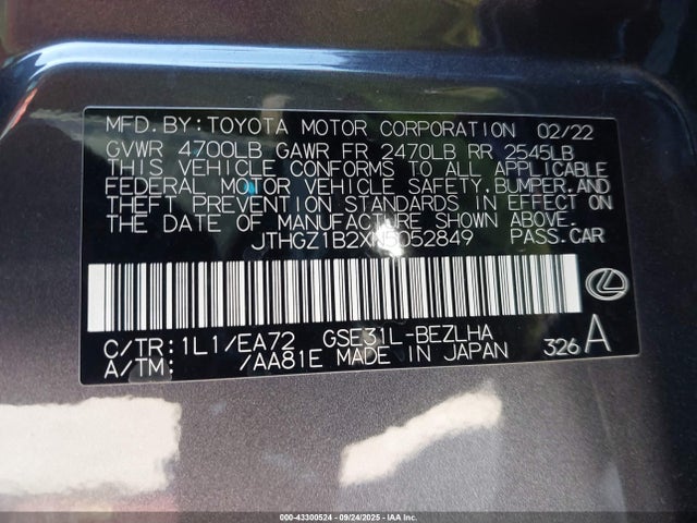 Aukcja sprzedaży 2022 Lexus Is 350 F Sport, vin: JTHGZ1B2XN5052849, numer aukcji: 43300524