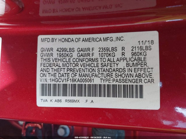 1HGCV1F16KA005061 Honda l15be