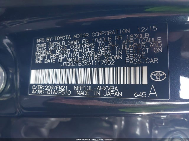 JTDKDTB3XG1117952 Toyota 1nz-fxe+1lm
