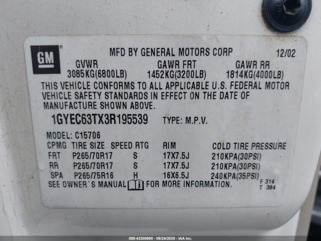2003 CADILLAC ESCALADE 1GYEC63TX3R195539 Photo 8