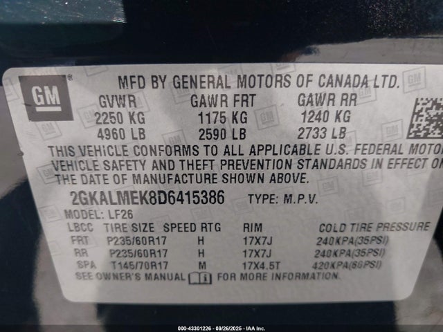 43301226 :رقم المزاد ، 2GKALMEK8D6415386 vin ، 2013 Gmc Terrain Sle-1 مزاد بيع