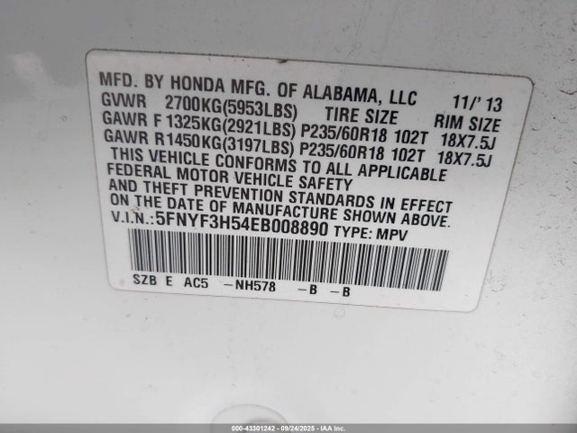 Honda Pilot Ex-l 2014 5FNYF3H54EB008890 Image 9