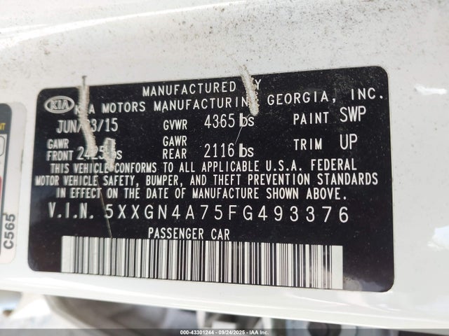 43301244 :رقم المزاد ، 5XXGN4A75FG493376 vin ، 2015 Kia Optima Ex مزاد بيع